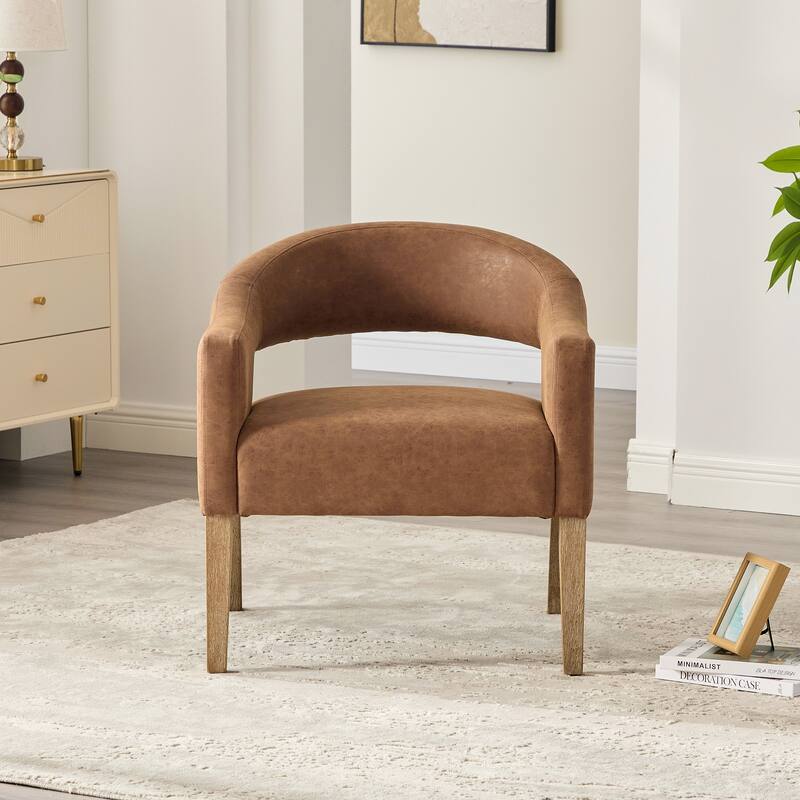 PU Leather Barrel Accent Chair, Ergonomic Lounge Reading Chair, Upholstered Armchair with Hollow Back & Solid Wood Legs - Brown