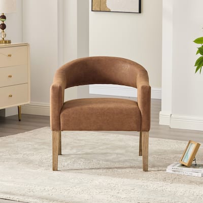 PU Leather Barrel Accent Chair, Ergonomic Lounge Reading Chair, Upholstered Armchair with Hollow Back & Solid Wood Legs