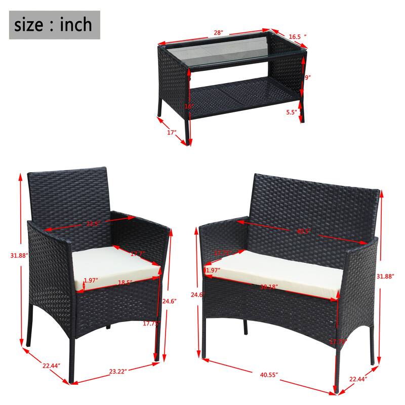 Outdoor Wicker Patio Furniture Set with Loveseat, Armchairs, and Table -Outdoor Patio Cushioned Seat Wicker Sofa