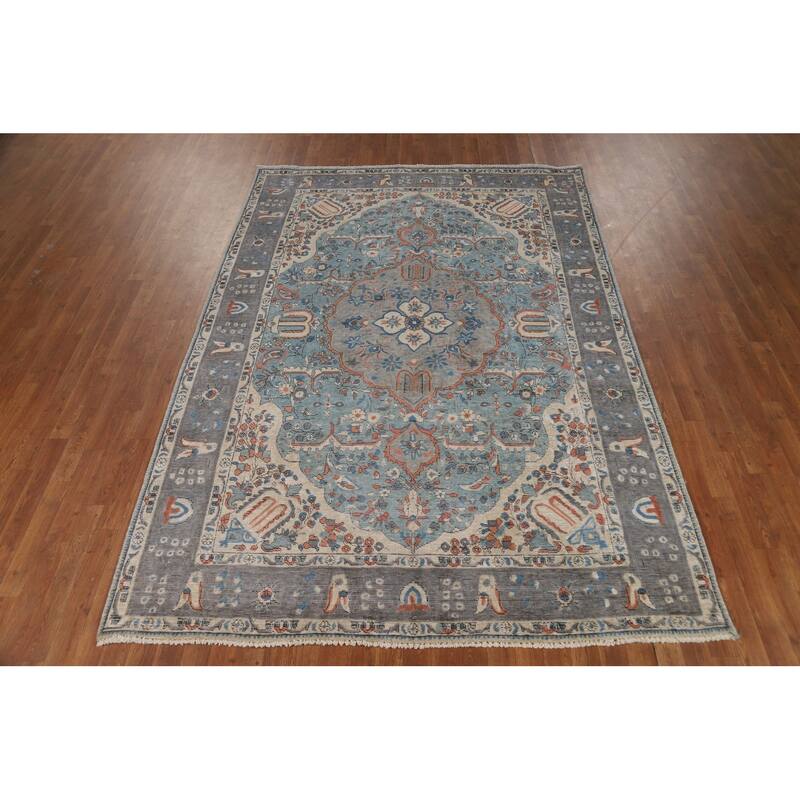 Traditional Tabriz Persian Area Rug Blue Hand-Knotted Wool Carpet - 6'5"x 9'4"
