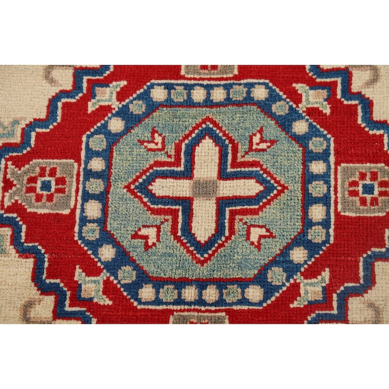 Ivory Geometric Kazak Foyer Rug Handmade Traditional Wool Carpet - 4'1" x 6'0"