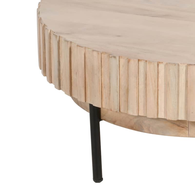 36 Inch Modern Handcrafted Round Coffee Table, Oak White Wood Top with Grooved Edges, Black Iron Legs