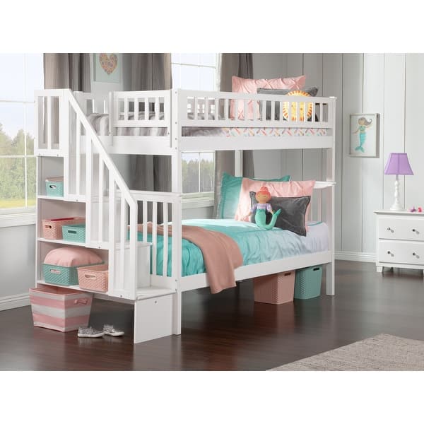 slide 2 of 6, Woodland Twin over Twin Solid Wood Staircase Bunk Bed in White