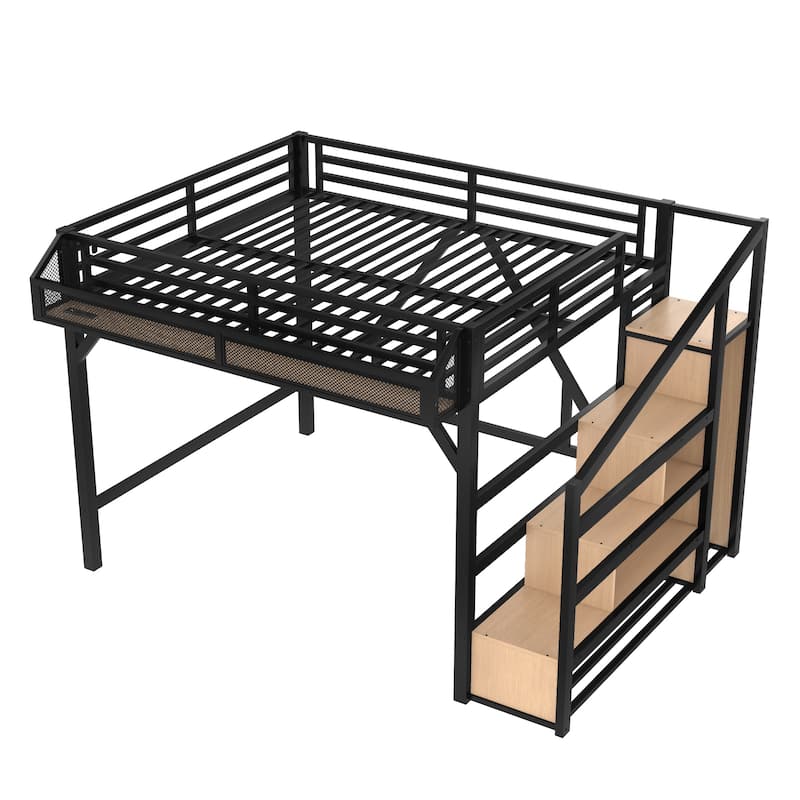Queen Loft Bed with Wardrobe & Storage Stairs, Metal Frame with USB Ports & LED Lights