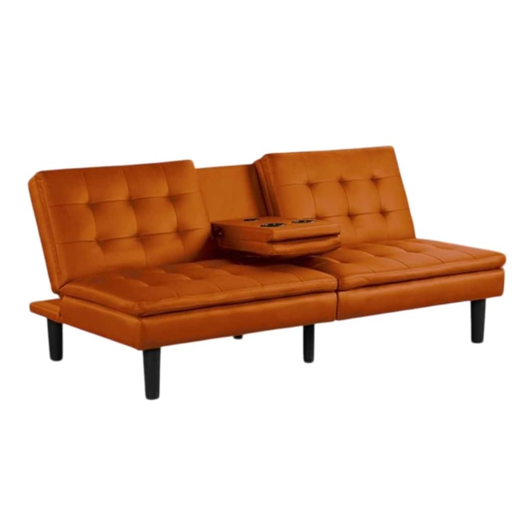 Berie Futon Sofa Bed, Drop-Down Tray, Cupholders, Orange Faux Leather