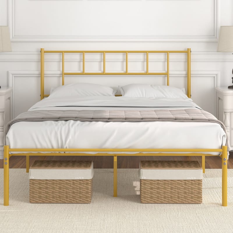VECELO Victorian Style Metal Platform Bed Frame with Headboard & 12.6" Under Bed Storage-Twin/Full/Queen Size Steel Bed - Gold - Queen