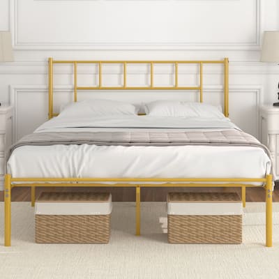 VECELO Victorian Style 14 Inch Metal Platform Bed Frame with Headboard, Heavy Duty Steel Slat Support, No Box Spring Needed