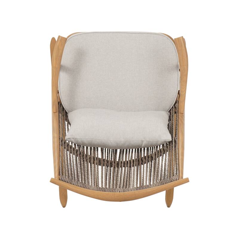 Roomfitters Outdoor Rocking Chair with Maple Finish Iron Frame and Gray Woven Backrest