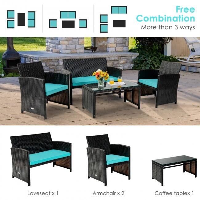 4Pcs Patio Rattan Cushioned Furniture Set - 43.5" x 25" x 31" (L x W x H)
