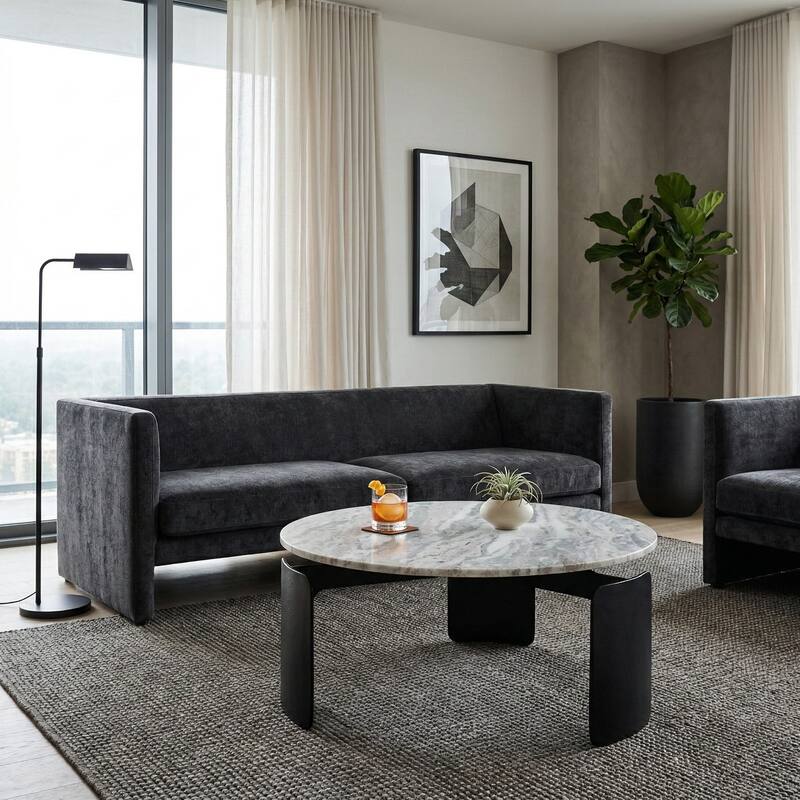 Marble Round Top 3-Footed Coffee Table - Gray, 13" - 30.0" - 30.0" - Gray/ White - Marble