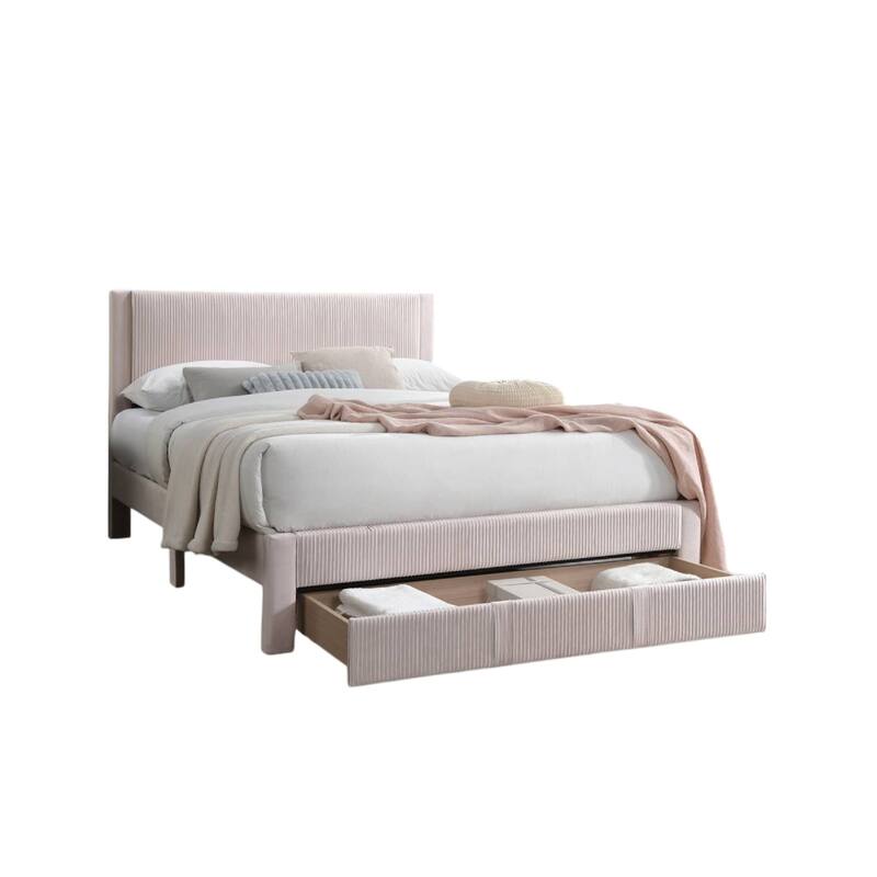 Peo Queen Size Bed w Storage Drawer, Light Pink Corduroy Upholstery