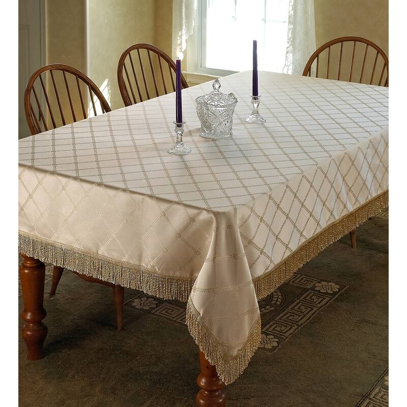 Violet Linen Diamond Damask Design Fringes Tablecloth - 60" Round - Beige
