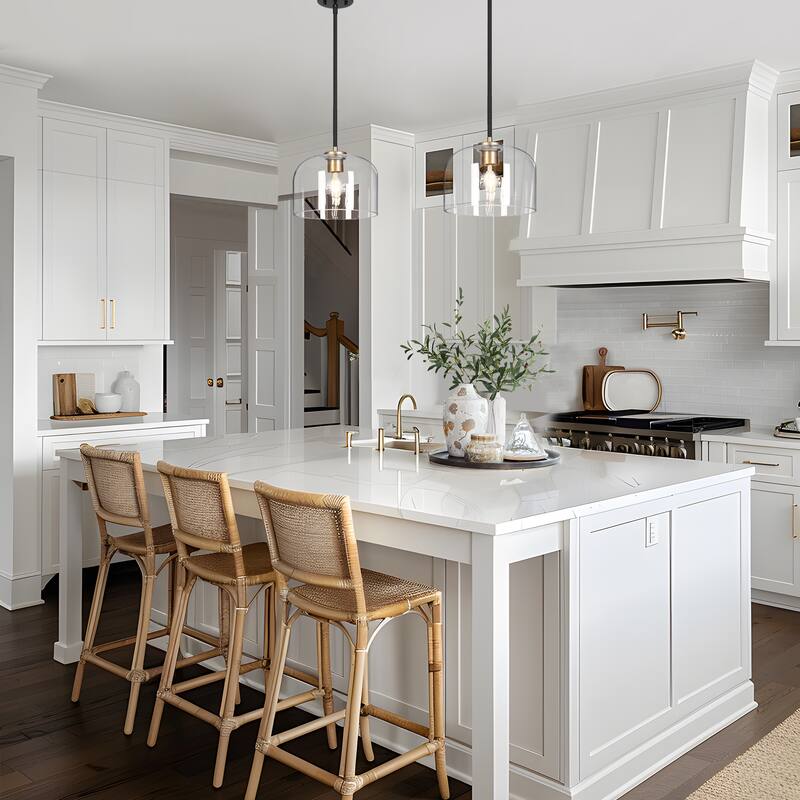 Modern Black Gold Pendant Clear Glass Kitchen Island Light Bowl-Shape Shade for Dining Room