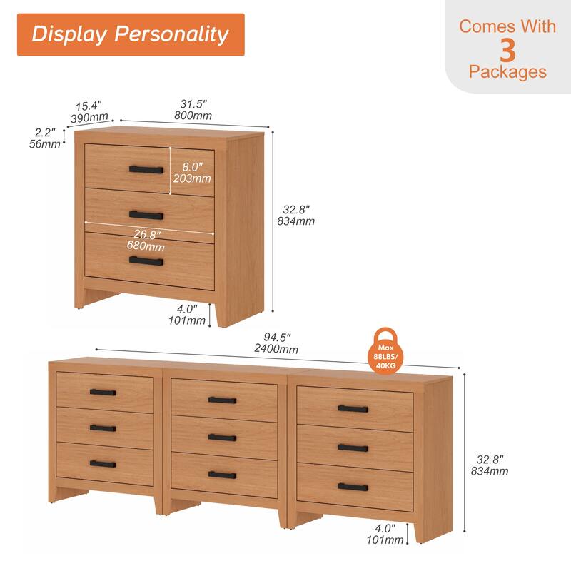 WAMPAT Farmhouse 3-Drawer Dresser, Wooden Chest of Drawers, Modern Storage Organizer & Nightstand for Bedroom, Living Room
