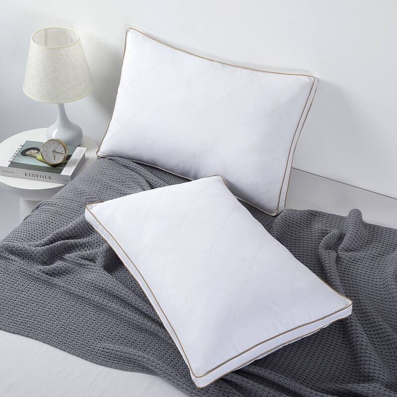 Goose Feather Down Pillows Diamond Quilted Fabric with Gusset - White