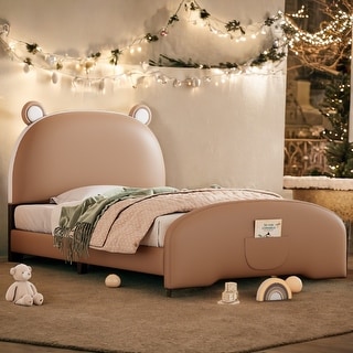 Twin Bear-Shape Upholstered Bed, White+Brown