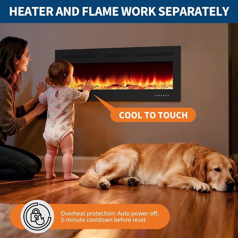 Wall Mount Electric Fireplace, Touch Screen and Remote Control, 12 Flame Colors