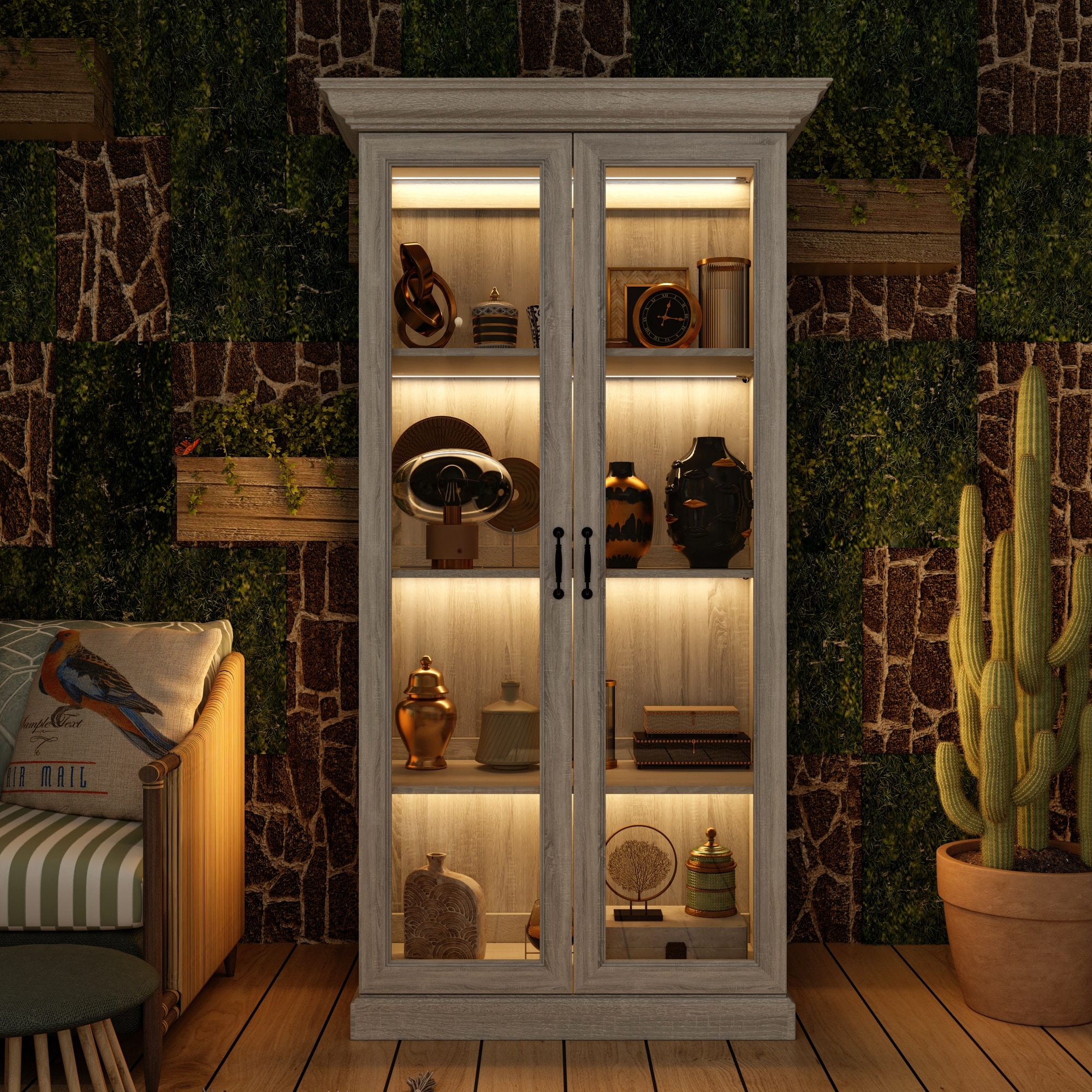 Gray Oak Glass Display Cabinet w/LED Light Strip, Tall Bookshelf with Door Bookshelves Bookcase