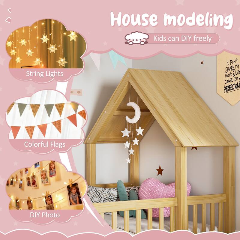 Modern House Floor Bed Frame, Double Floor Beds with Fence and Door