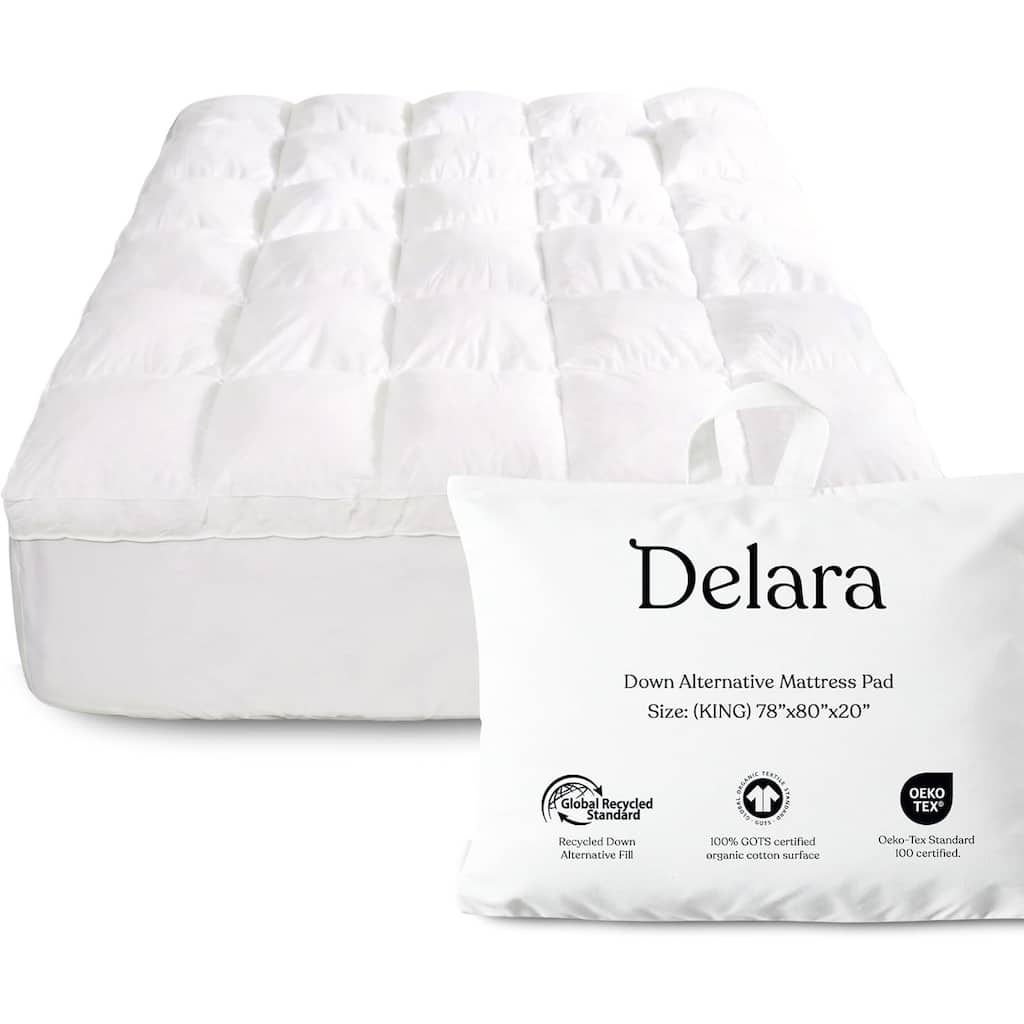 Delara Extra Plush Down Alternative Mattress Pad, 1350 GSM Snow Microfiber Fill, GOTS Certified Organic Cotton Shell