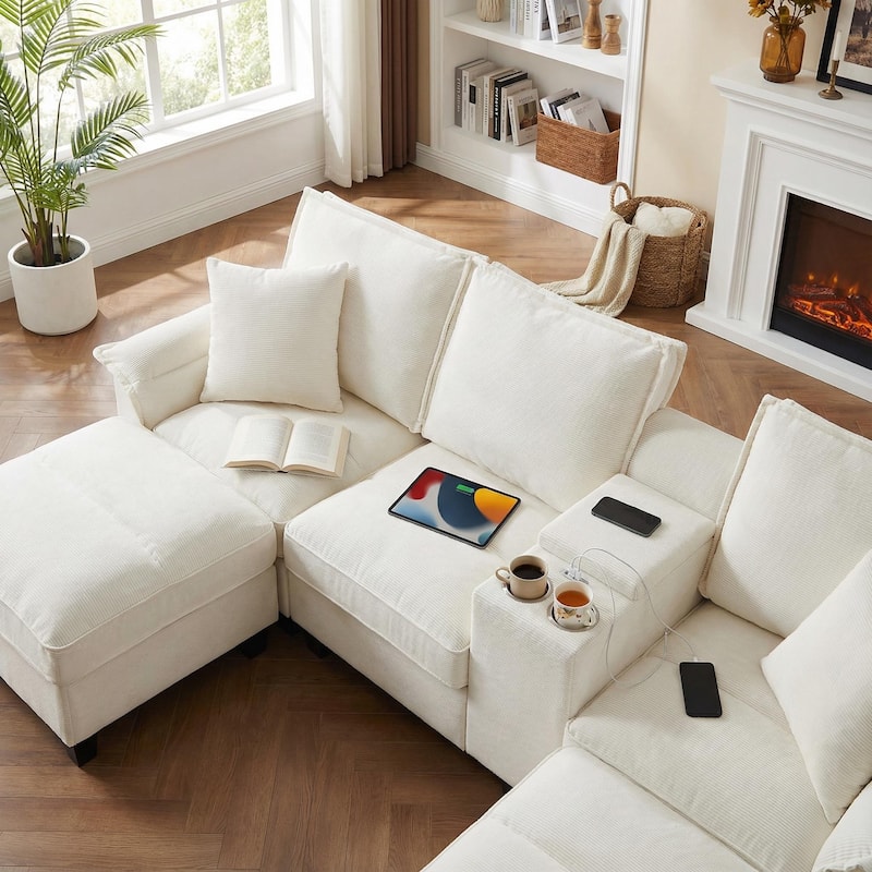 Homy Casa 120" U-Shaped Modular Corduroy Sectional Sofa Bed w/ Storage, Cup Holders & USB, 4-Seat (Beige/Green/Gray/Black)