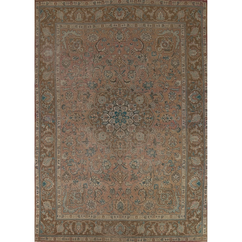 Tabriz Persian Vintage Area Rug Handmade Coral Wool Carpet - 9'9" x 12'8"