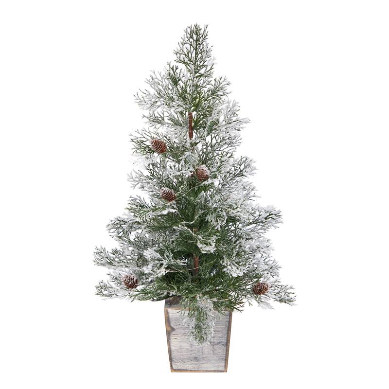 2’ Pre-Lit Frosted Artificial Christmas Potted Tree with Pinecones, Clear Lights - 2 Foot