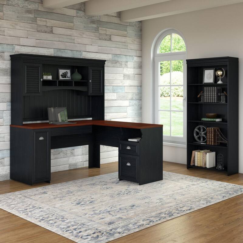 Fairview 60W L Shaped Desk with Hutch and Bookcase by Bush Furniture - Antique Black