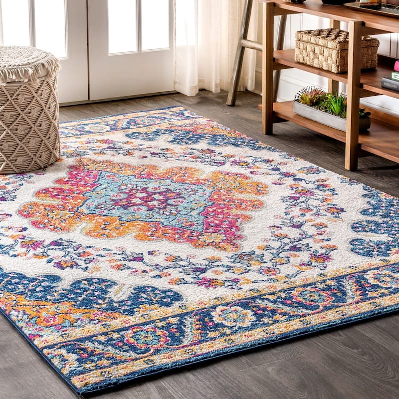 JONATHAN Y Inigo FLAIR Boho Vintage Medallion Area Rug - 12 X 18 - Blue/Multi