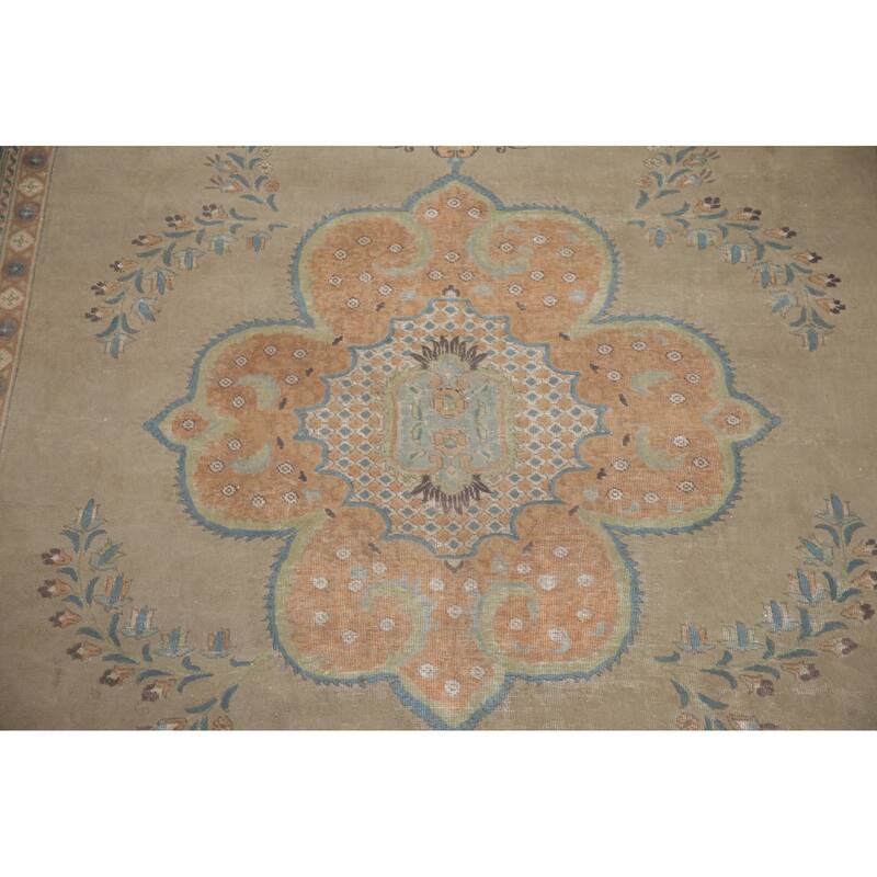 Hand Knotted Oriental 100% Wool Carpet Traditional Medallion Beige & Ivories Tabriz Area Rug - 12' 9'' X 9' 7''