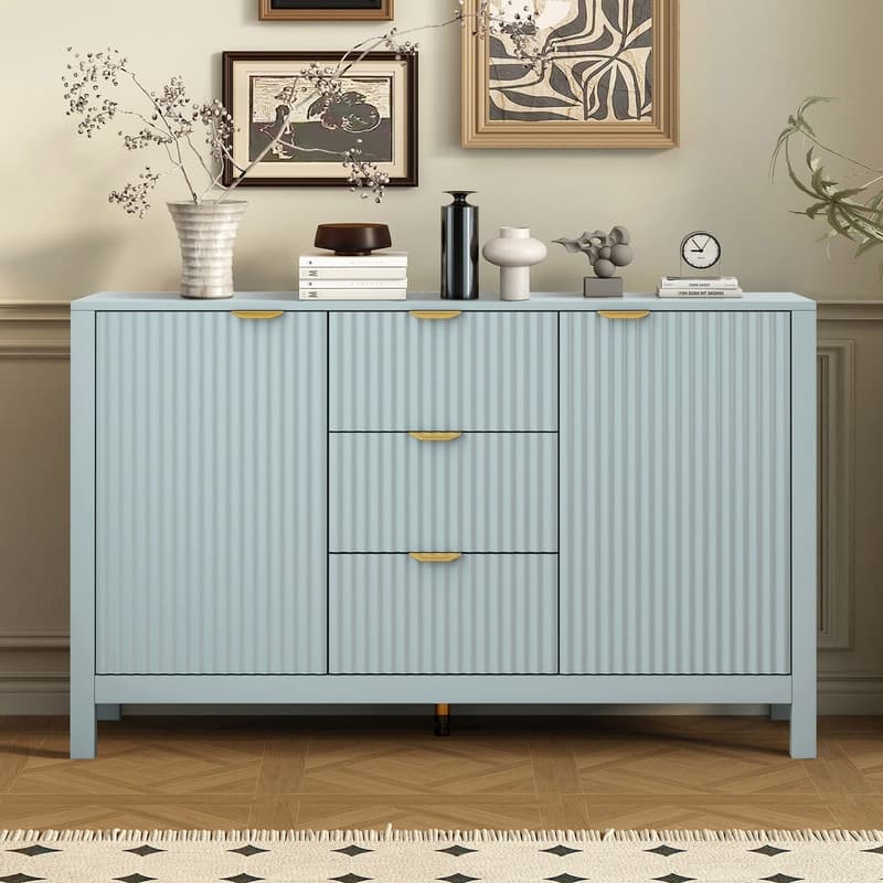 Entryway Buffet Cabinet with Wave 2-Door and 3 Drawers, Adjustable Shelves for Stylish Storage - Cyan