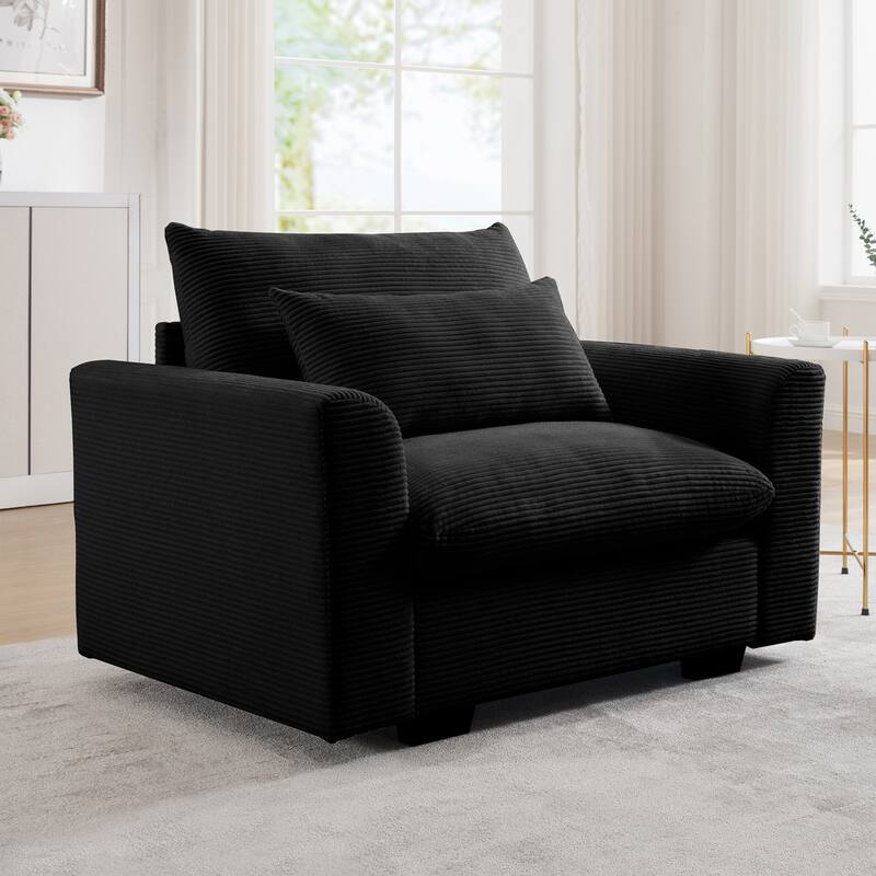 Corduroy Single Sofa Chair, Oversized Deep Seat Accent Couch Chair, Single Chair with Waist Pillow for Living Room, Bedroom - Black