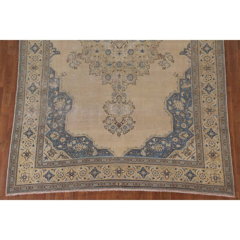 Hand Knotted Oriental 100% Wool Carpet Traditional Medallion Beige & Ivories Tabriz Area Rug - 10' 3'' X 6' 9''