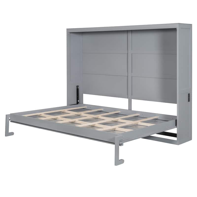 Murphy Bed Cabinet Bed with Circular Carving Pattern and Built-in Charging Station for a Multi-use Guest Room, Home Office