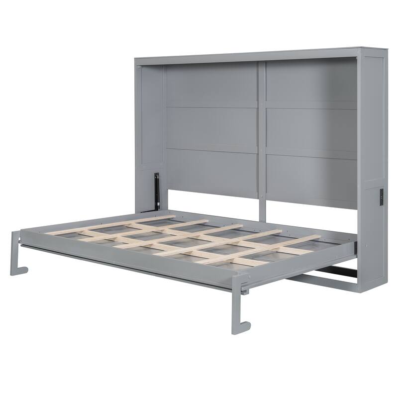 Queen Size Murphy Bed Cabinet,Space Saving Foldable Wall Bed with Rattan Design, Dual-Piston Mechanism