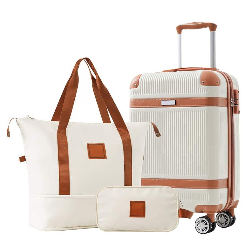Hardshell Luggage Sets 3 Piece Carry-on Suitcase Double Spinner Wheels with TSA Lock for Men Women - White
