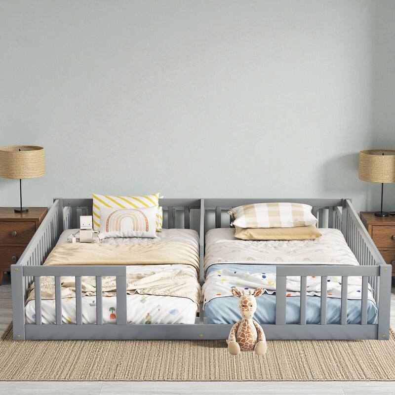 Double Twin Floor Bed with Fence and Guardrails, Solid Pine Wood Frame Montessori Bed for Kids - Grey - Twin