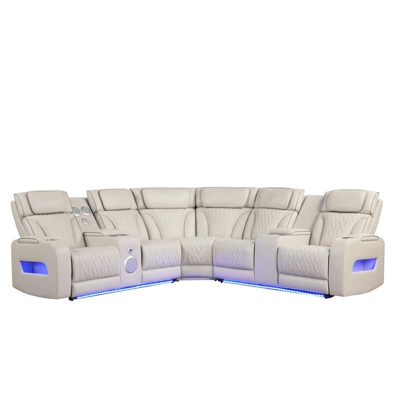 Jazz 117"W Leather Aire Power Reclining Sectional Sofa w/Power Headrest, Bluetooth Speakers, LED, USB, Storage & Cupholders