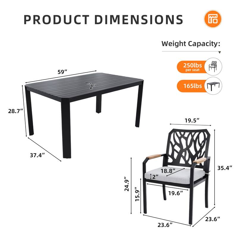 7 Piece Aluminum Patio Furniture Set, All Weather Outdoor Dining Table and Chairs Set with Umbrella Hole and Removable Cushions