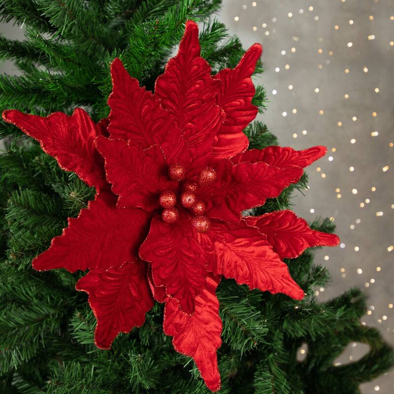 24" Oversized Red Glittered Velvet Christmas Poinsettia Floral Pick - 24