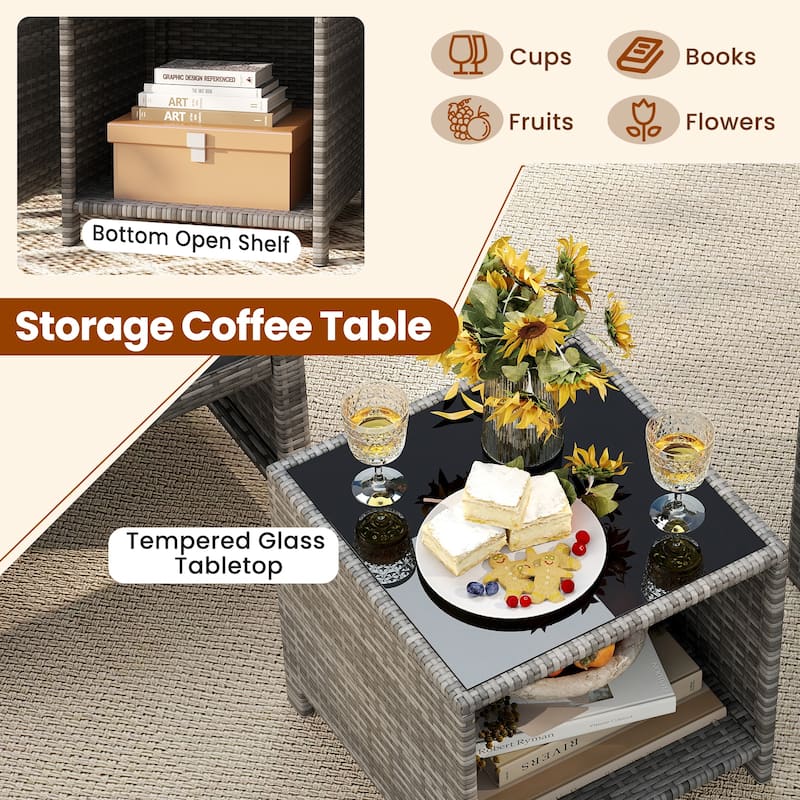Outdoor Wicker Furniture Set 3 Piece with Cushions and Table - 18" × 18" × 17"