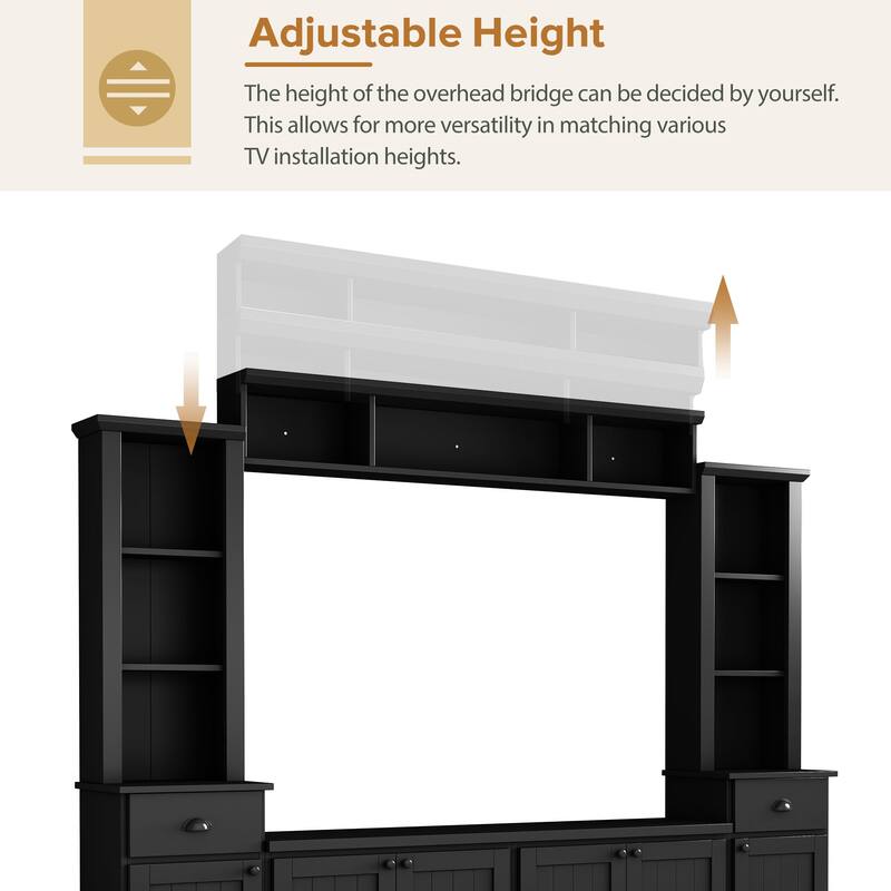 Modern Wall Unit Set for TVs Up to 75" with Adjustable Bridge & Ample Storage - Includes Bookcase, Wine Rack & Display Case
