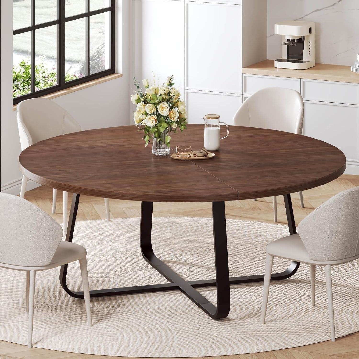 60-Inch Round Dining Table, Modern Wood Metal Kitchen Table for 6-8 People, Industrial Style Circle Table for Home Living Room