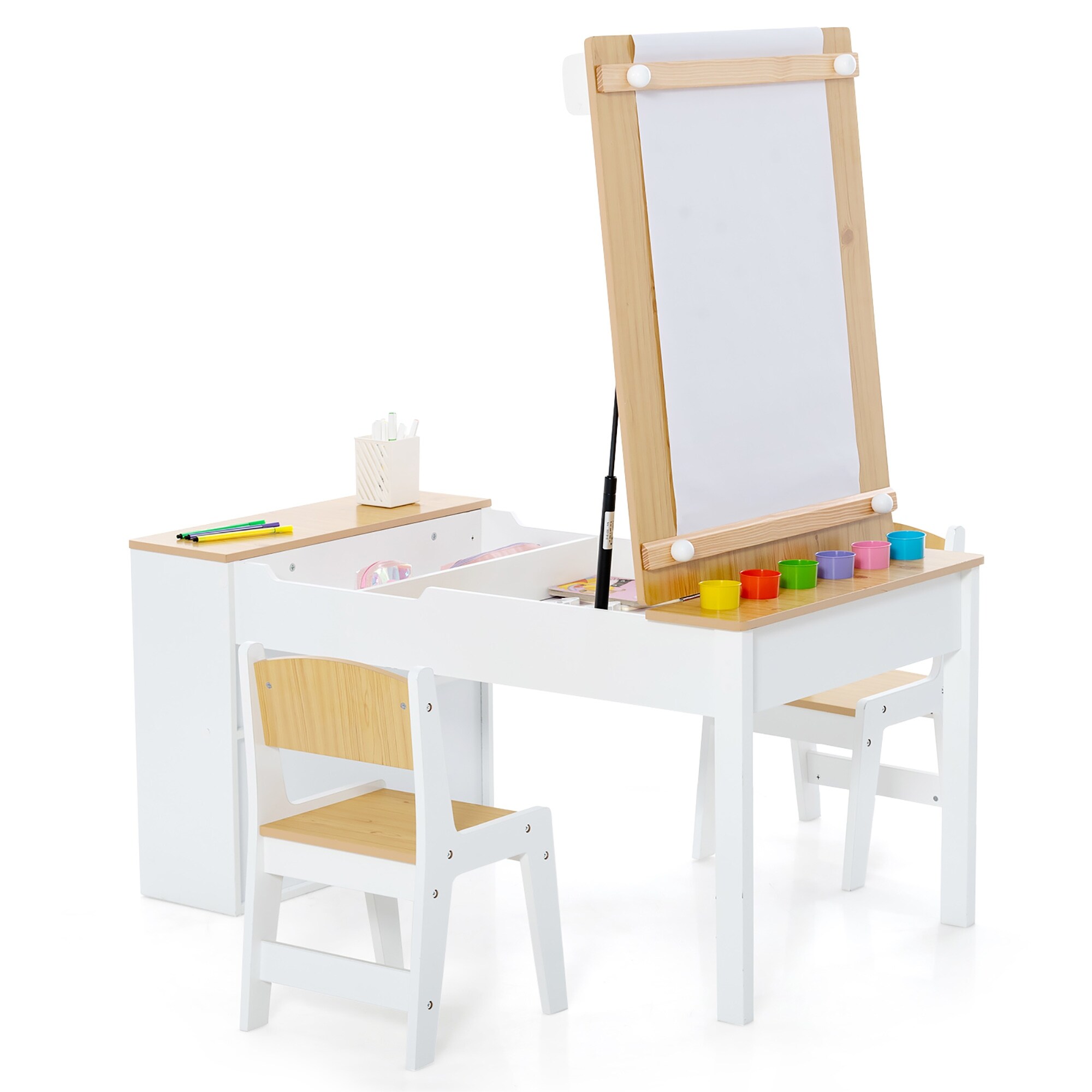 Gymax 2 in 1 Kids Easel Desk Chair Set Book Rack Adjustable Art Painting Board Blue/Gray Gray