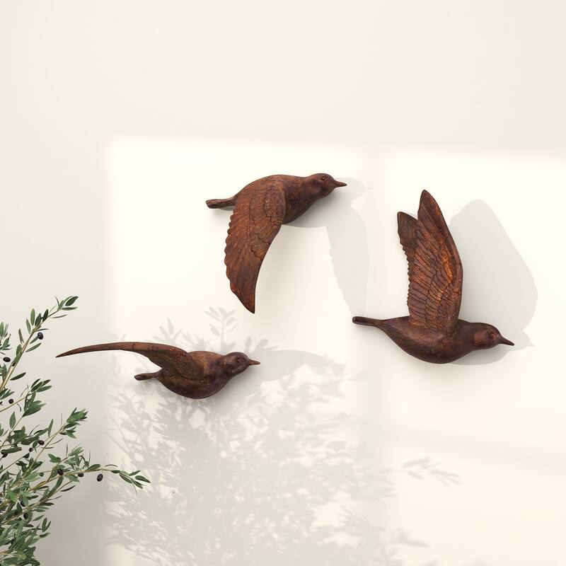 Polystone Bird Distressed 3D Floating Home Wall Decor - Set of 3 Dark Brown, Silver, Gold - Roche River Decor