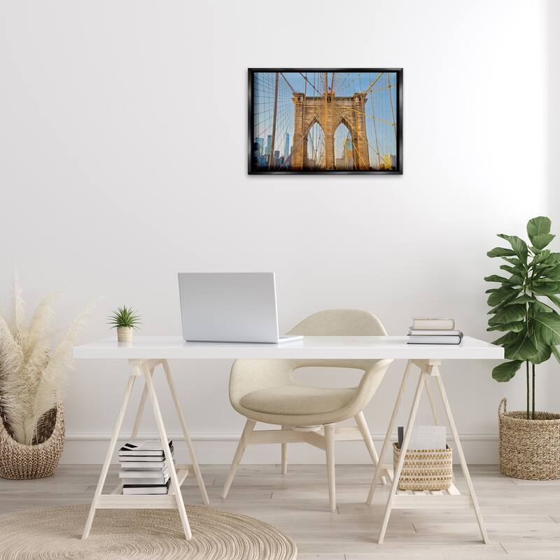 Stupell Industrial Bridge with American Flag Framed Floater Canvas Wall Art Design By Seven Trees Design