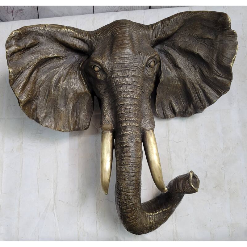 Wall Mounted Hanging Bronze Imitative Elephant Head Bust Sculpture Statue Decor Signed Original Art
