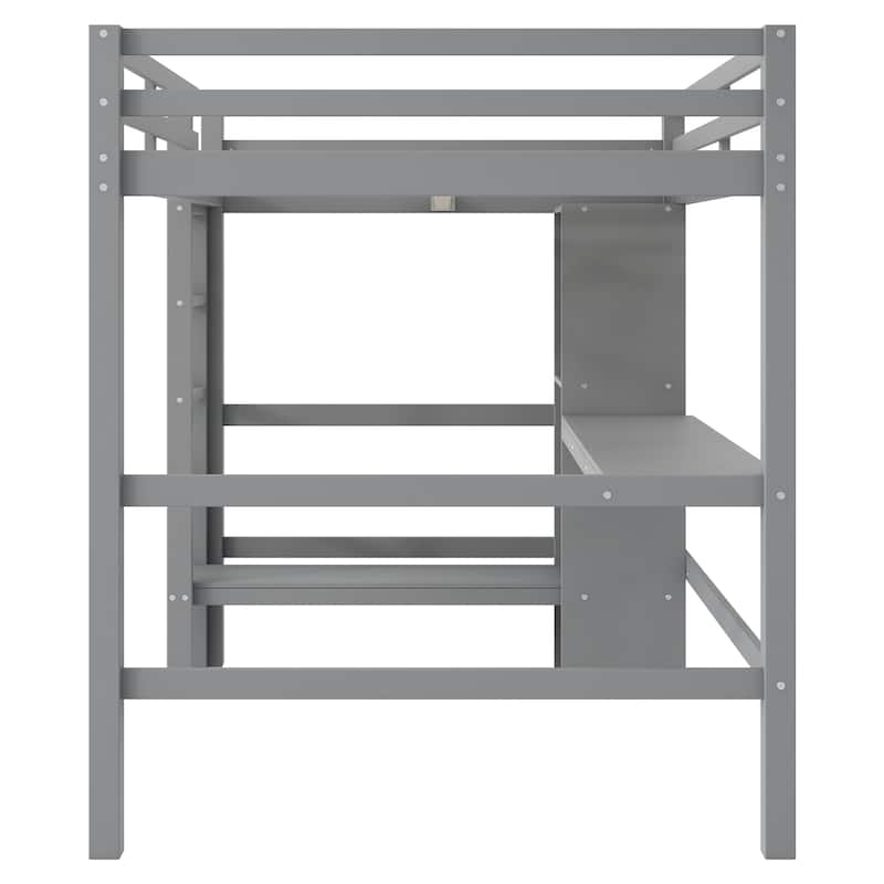Full Size Loft Bed Wood Bed Frame Built-in Desk and Multifunctional Shelves No Box Spring Needed for Kids Teens Students