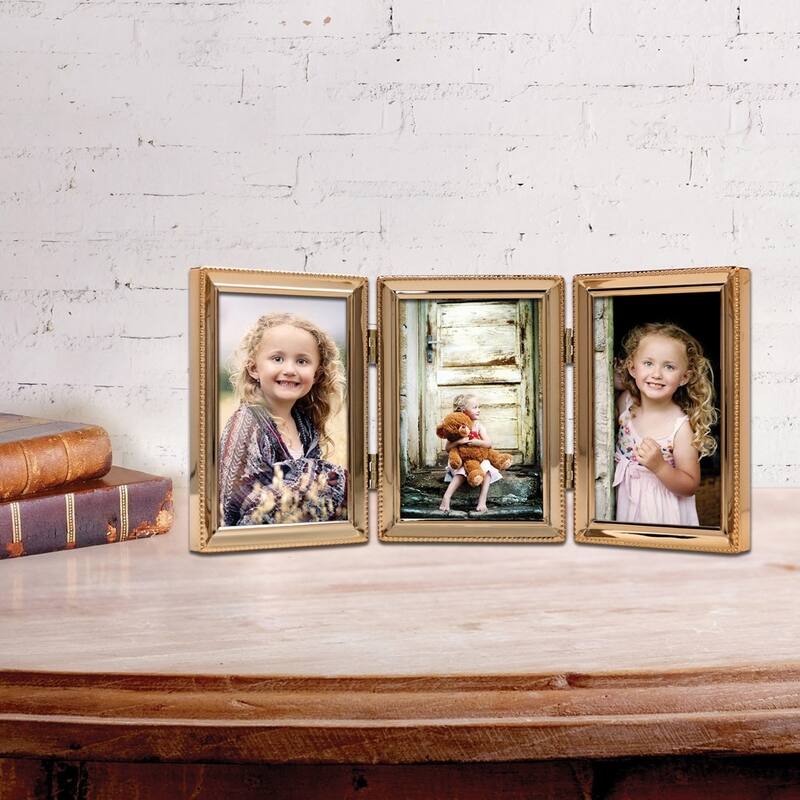 Curata Gold-Tone Portrait Hinged Polished Beaded 3x5 Triple Photo Frame