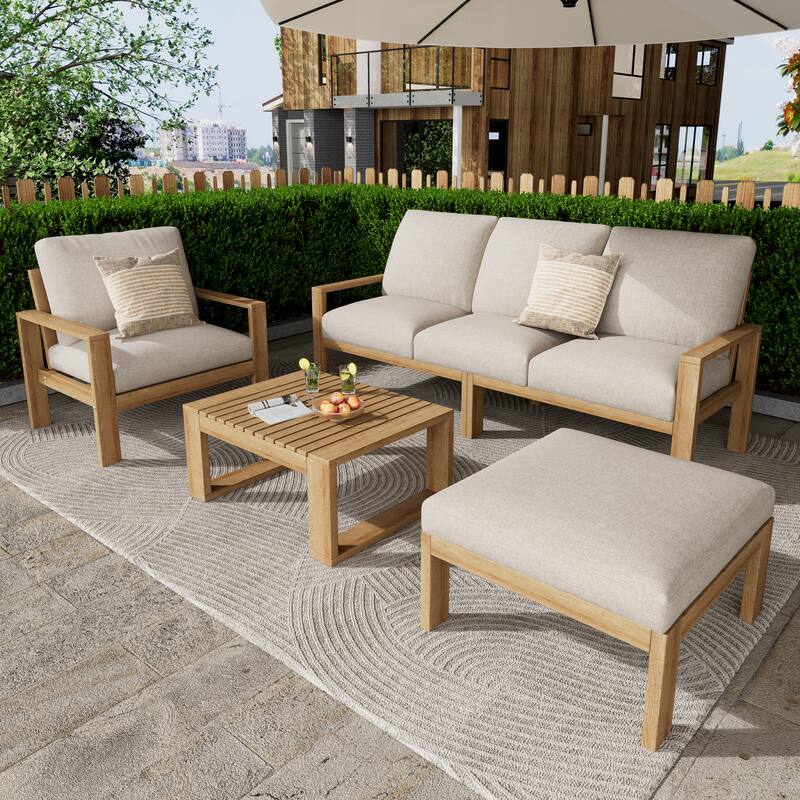 4-Piece Outdoor Wood Sectional Sofa Set, Water-Repellent Patio Sofa with Cushions and Coffee Table